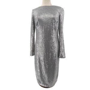 Tadashi Shoji Long-Sleeve Sequined Silver Midi Dress Draped‎ Back Detail Size M